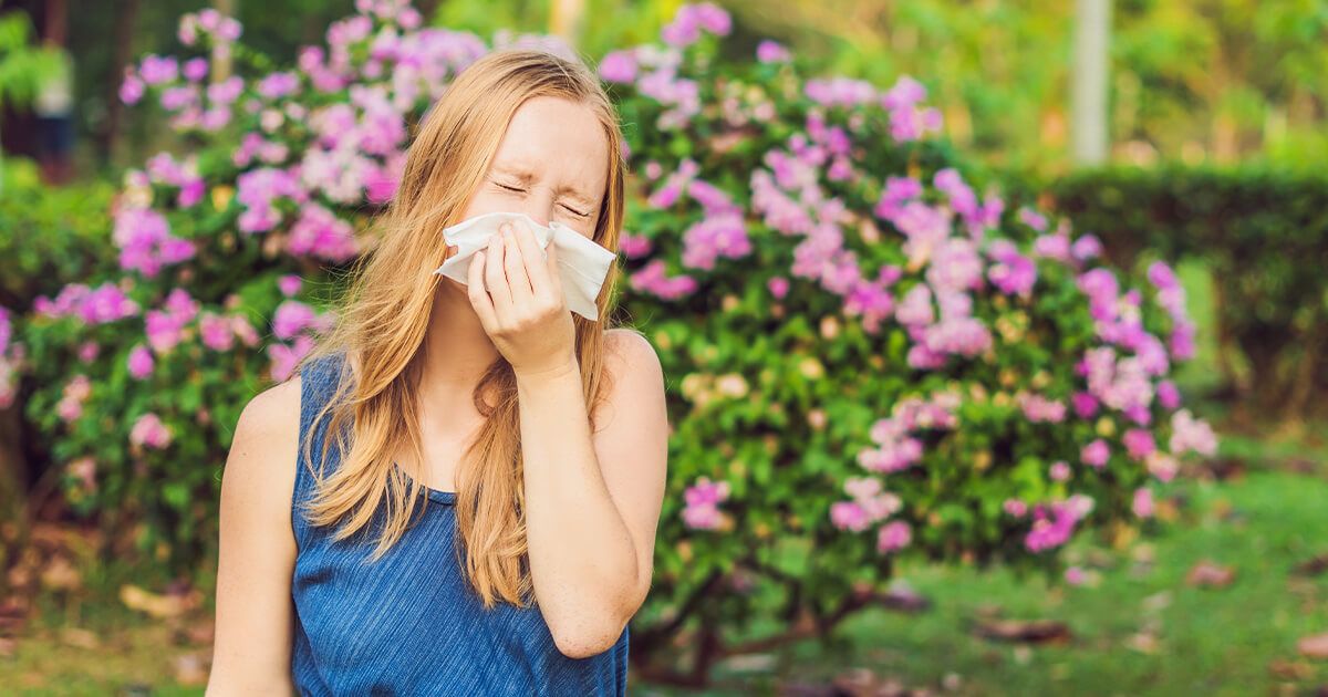 Woman blowing nose outside in beautiful Spring weather. Large pink, flowery bush behind her.